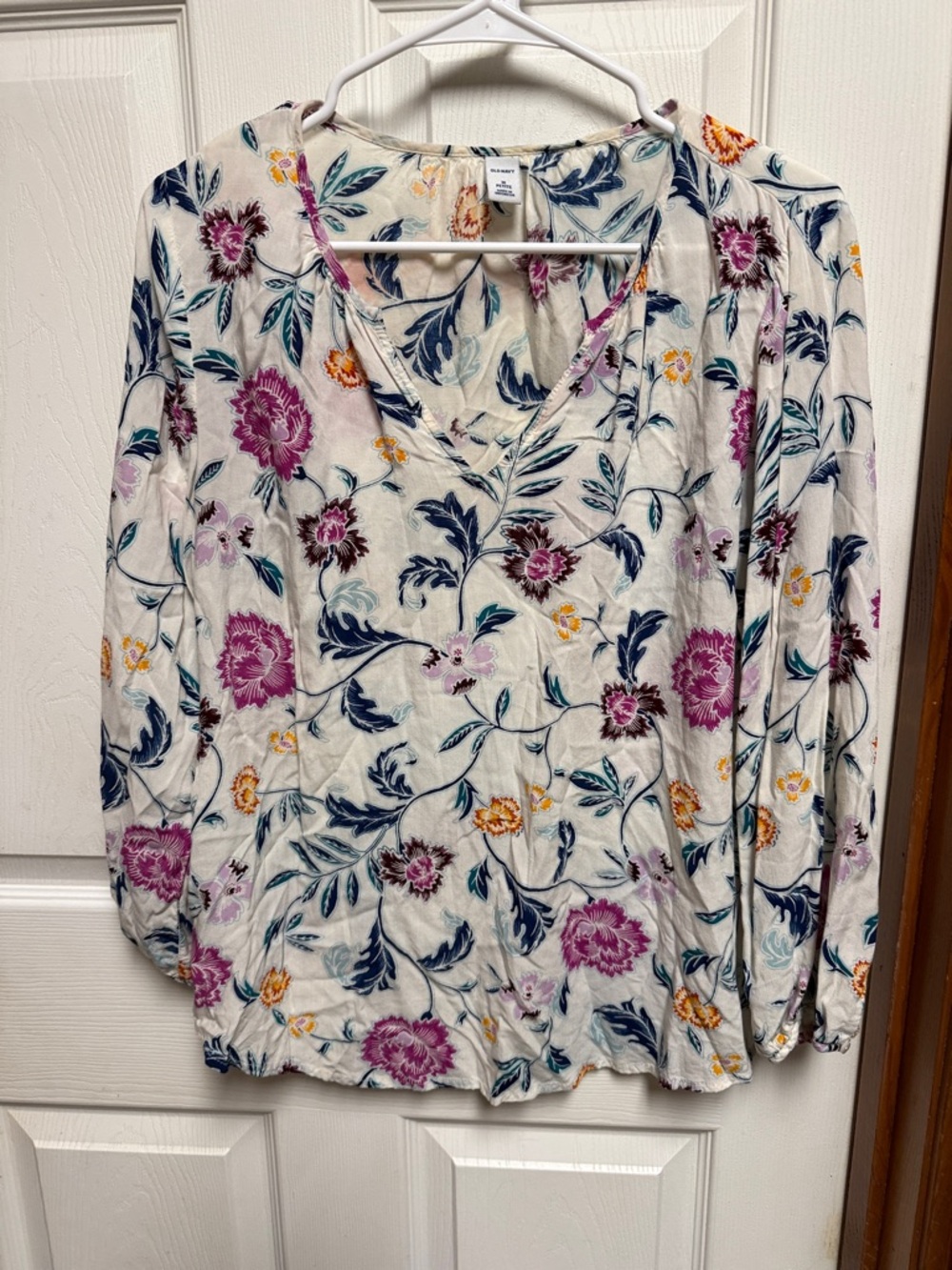 Old Navy Cream Floral V-Neck Blouse with Pink & Navy Flowers